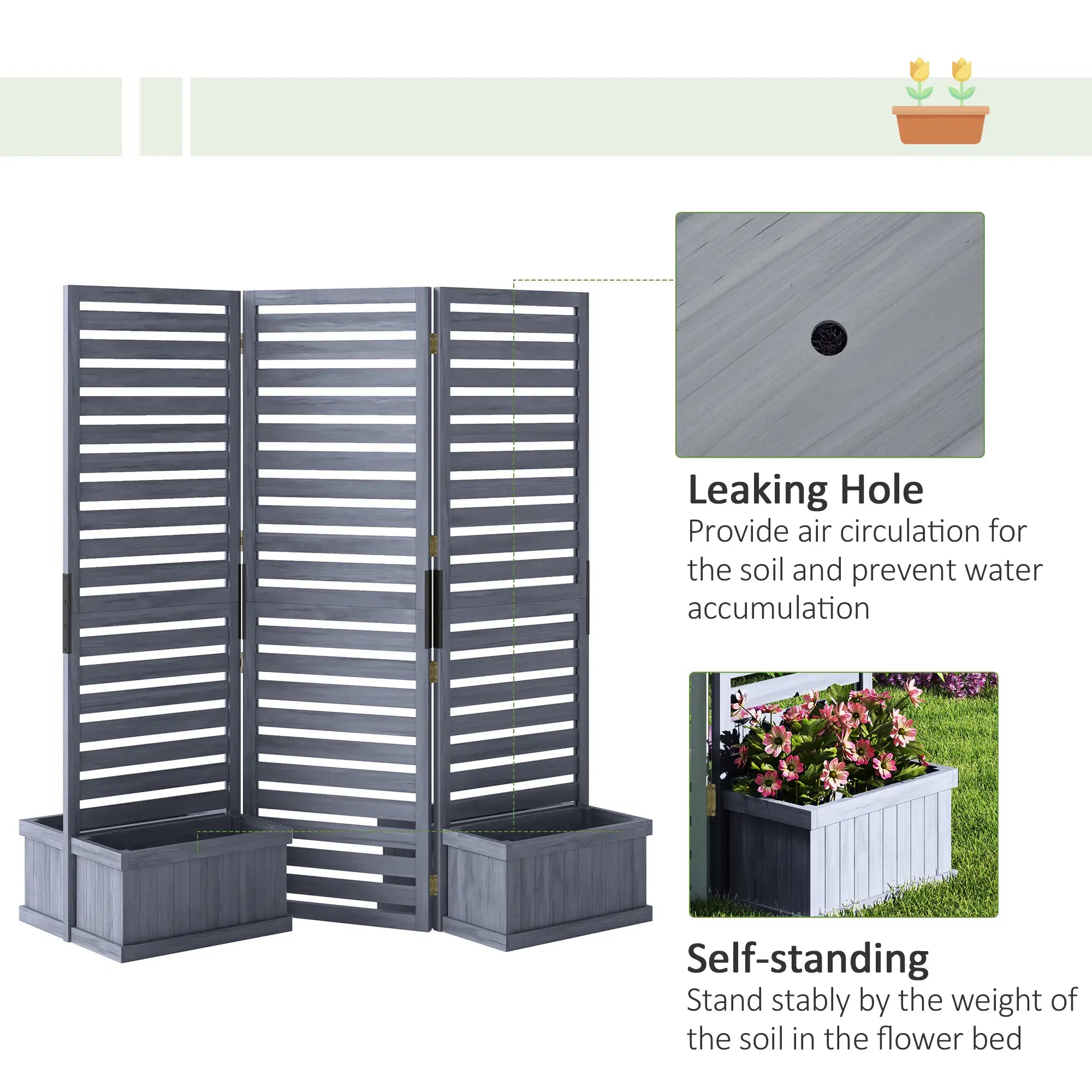 Outdoor Privacy Screen, Wood Panel with 4 Planter Boxes, Raised Bed, 3 Panels, Drainage Holes Side Awnings at Gallery Canada