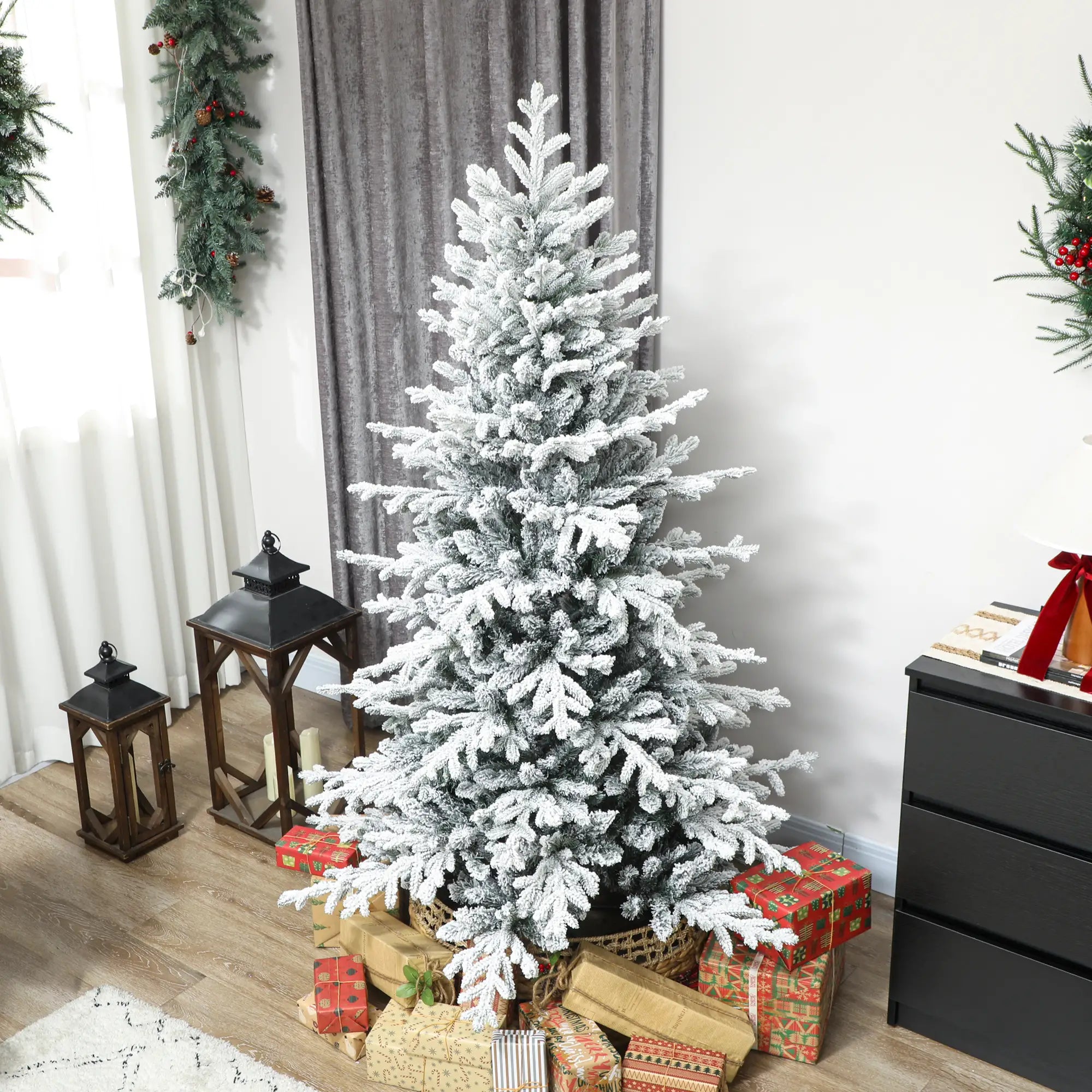6ft Artificial Flocked Christmas Tree, Full Snow Pine, Hinged with Metal Stand Artificial Christmas Trees at Gallery Canada