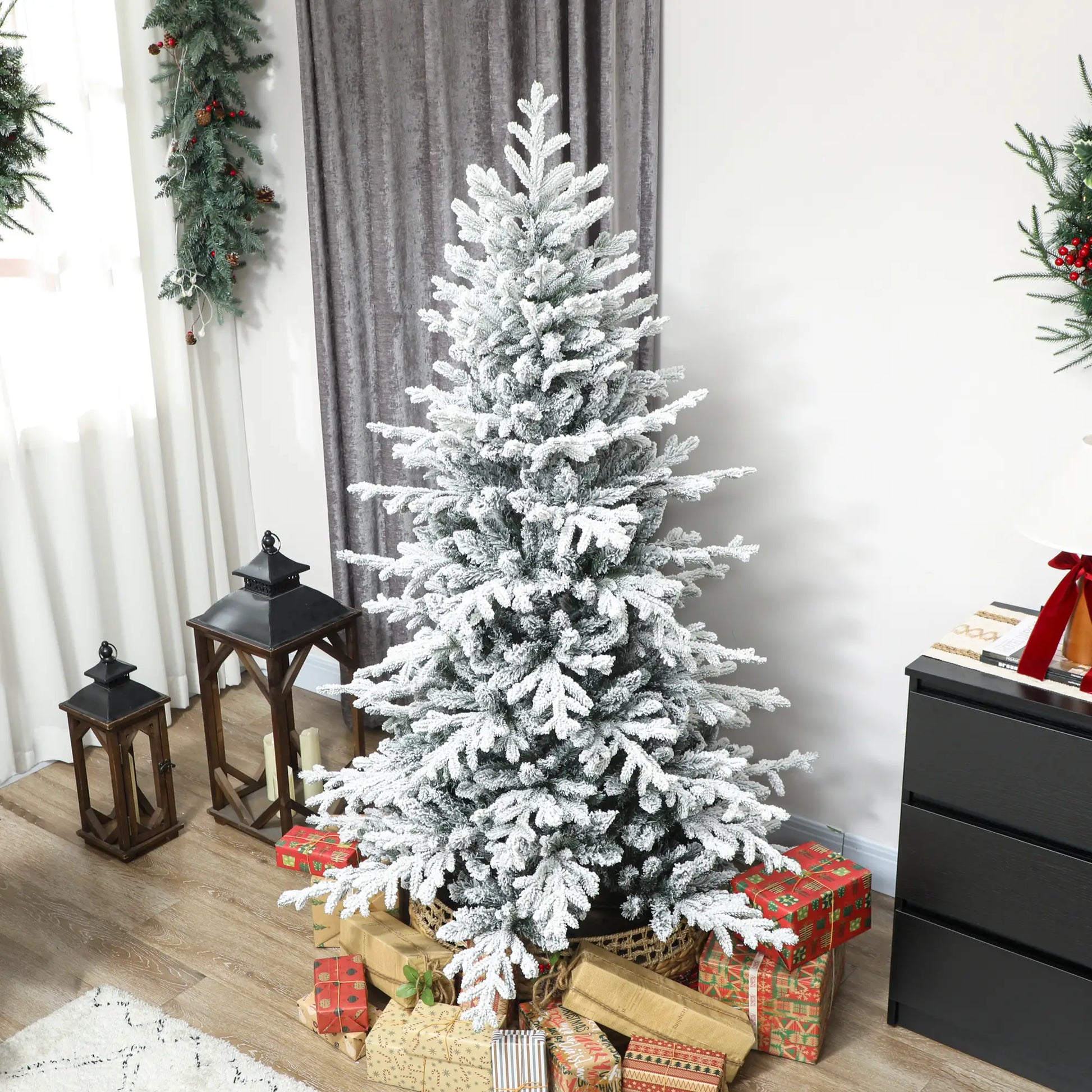 6ft Artificial Flocked Christmas Tree, Full Snow Pine, Hinged with Metal Stand Artificial Christmas Trees at Gallery Canada