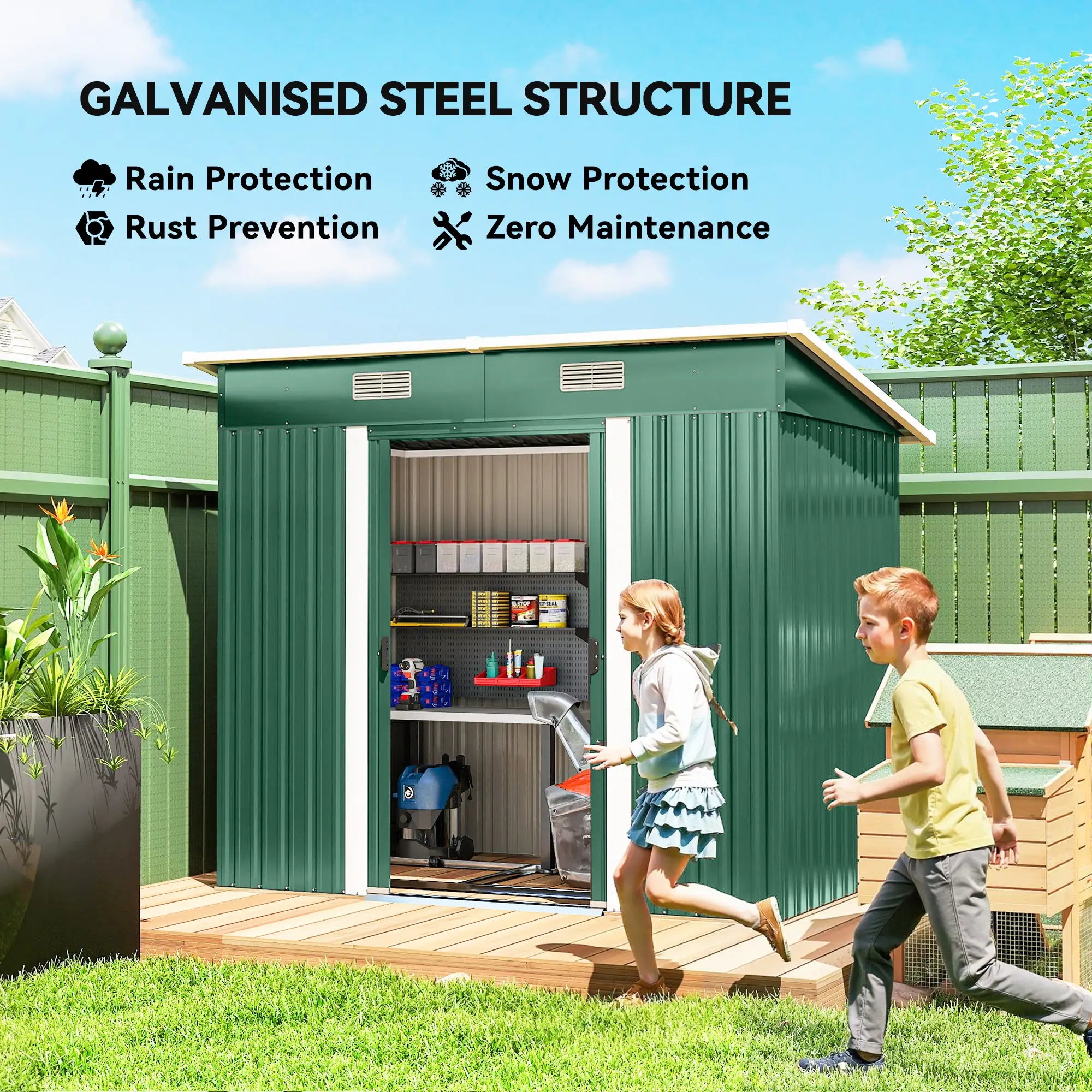 7'x 4' Metal Patio Storage Shed, Garden Tool Utility Unit, Green Sheds at Gallery Canada