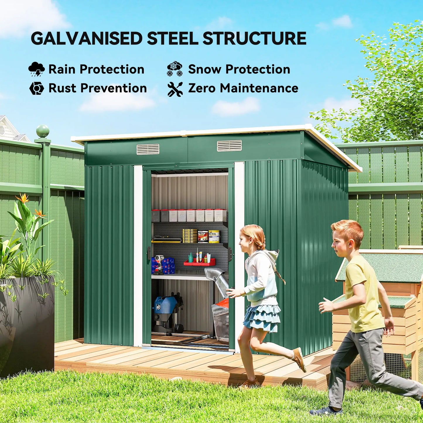 7'x 4' Metal Patio Storage Shed, Garden Tool Utility Unit, Green Sheds at Gallery Canada