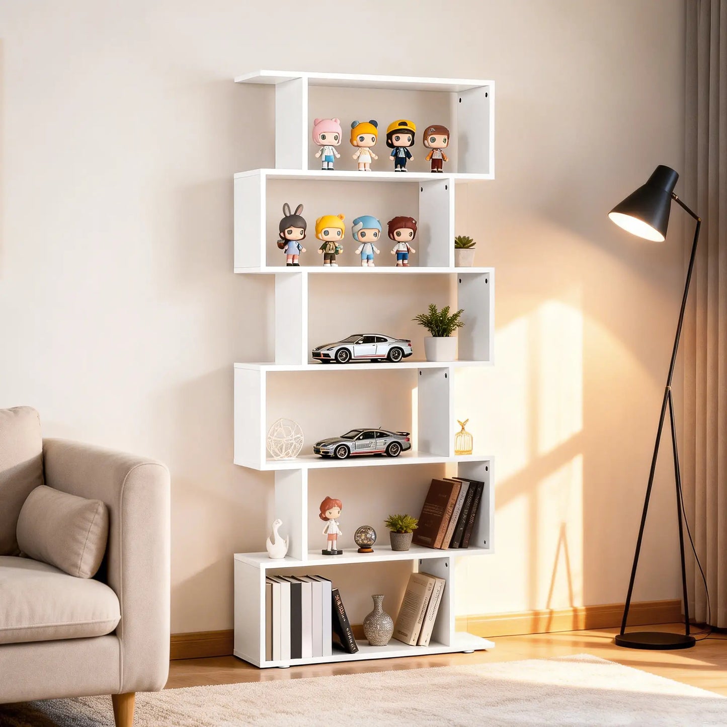 76" 6-Tier Geometric Wooden Bookcase, S Shaped Storage Shelf, White Display Bookshelves at Gallery Canada