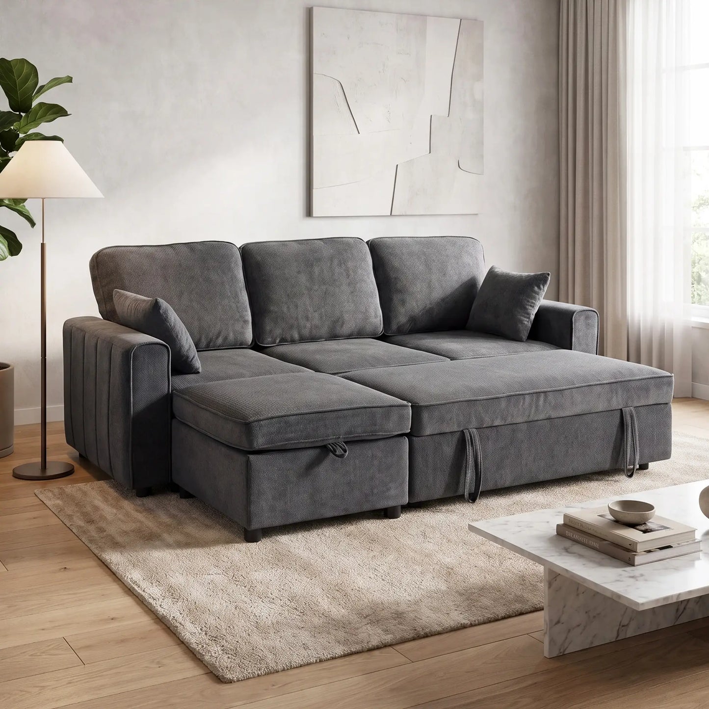 Modular Sectional Sofa Bed With Reversible Ottoman, Dark Grey