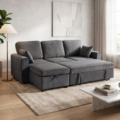 Modular Sectional Sofa Bed With Reversible Ottoman, Dark Grey
