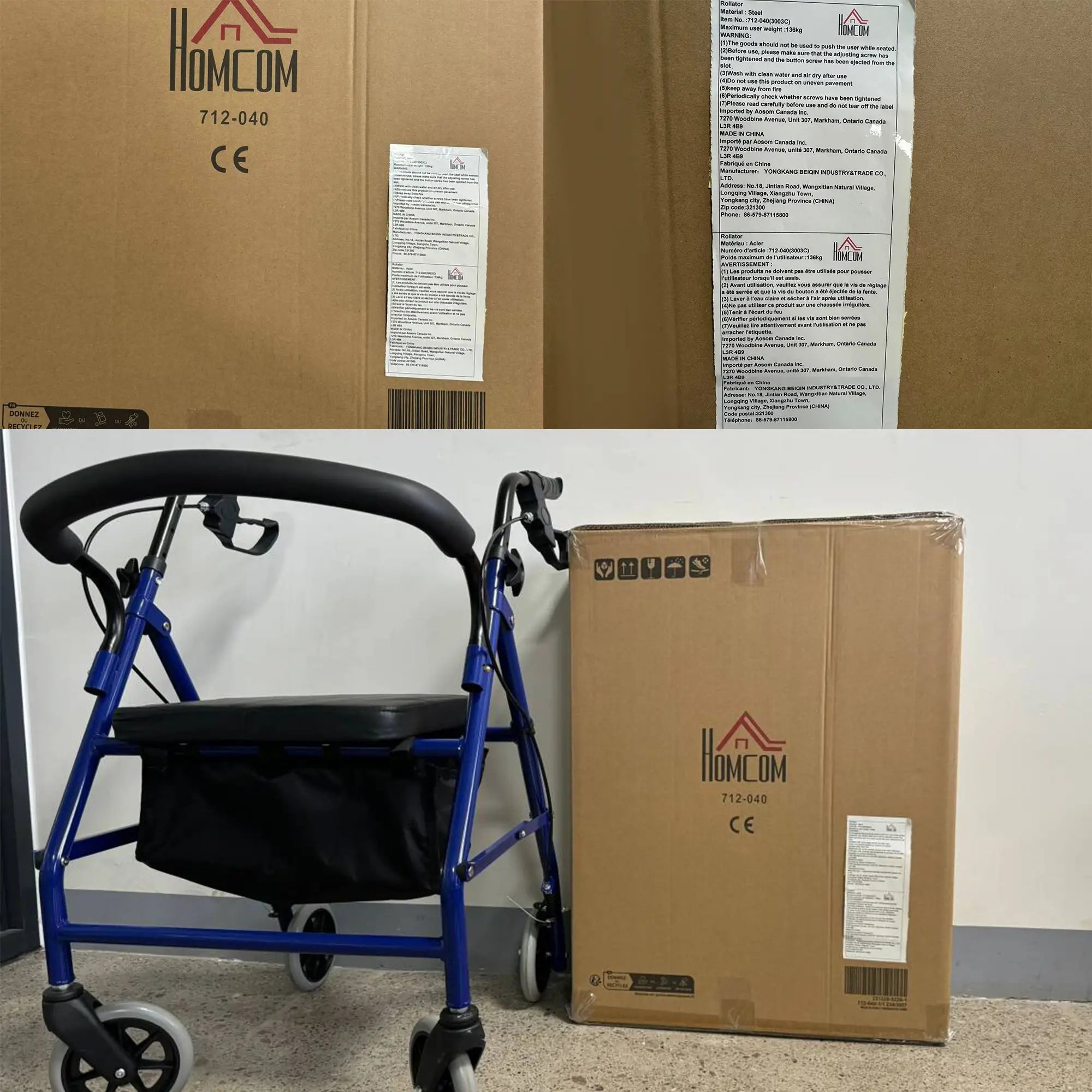 Folding Aluminum Rollator Walker, Adjustable Height, Cushioned Seat, Storage Bag, 2 Barker Wheels, Blue Knee Walker & Wheelchair Ramps at Gallery Canada