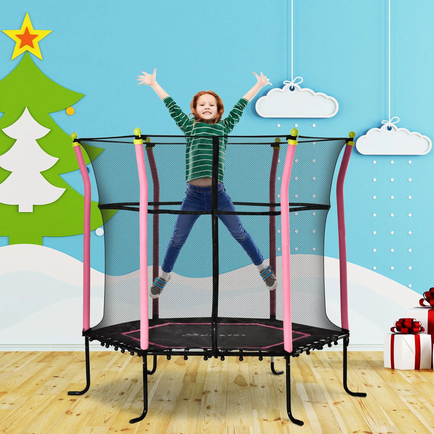 64" Kids Trampoline, Indoor Outdoor Bouncer, Enclosure Net, Pink Trampolines at Gallery Canada