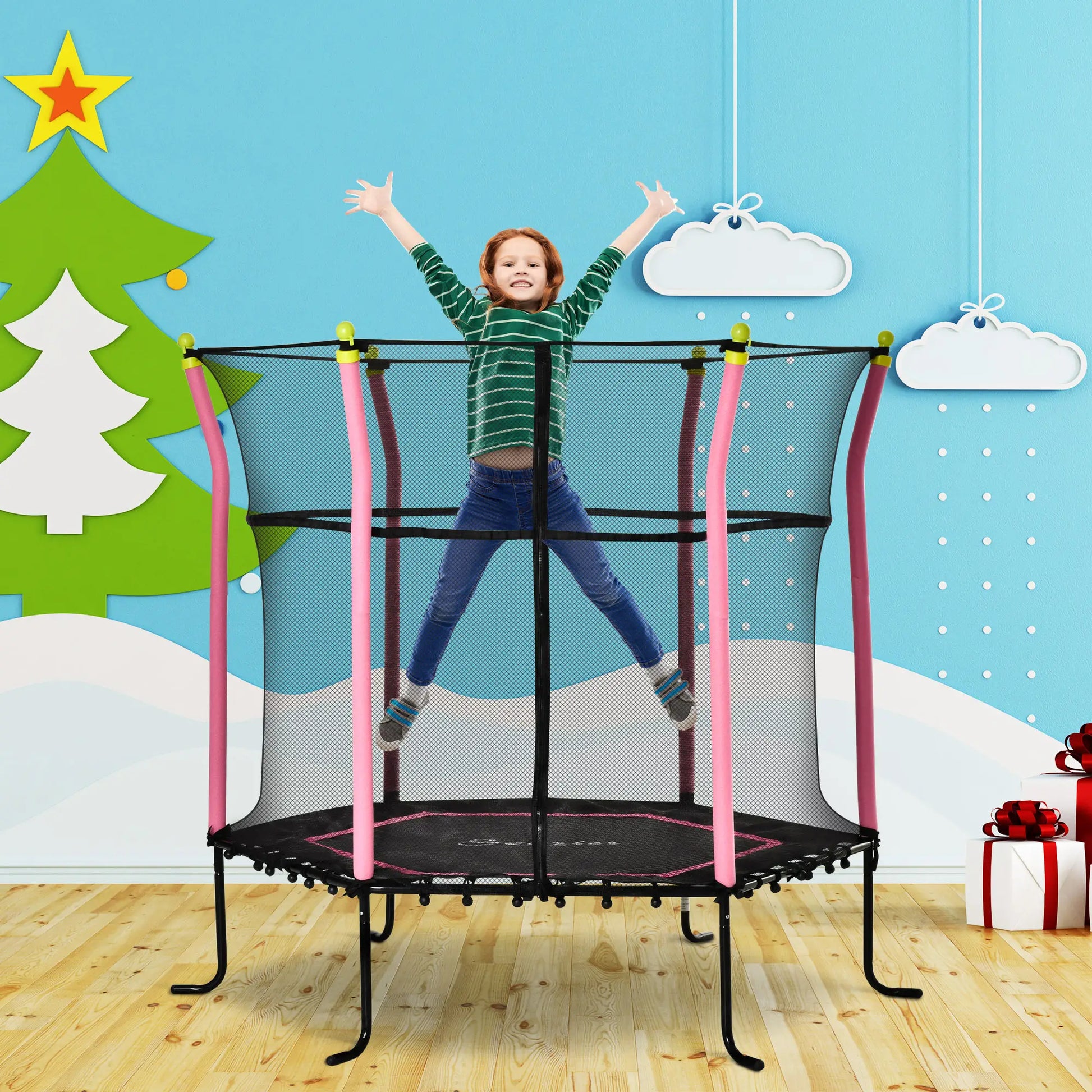 64" Kids Trampoline, Indoor Outdoor Bouncer, Enclosure Net, Pink Trampolines at Gallery Canada