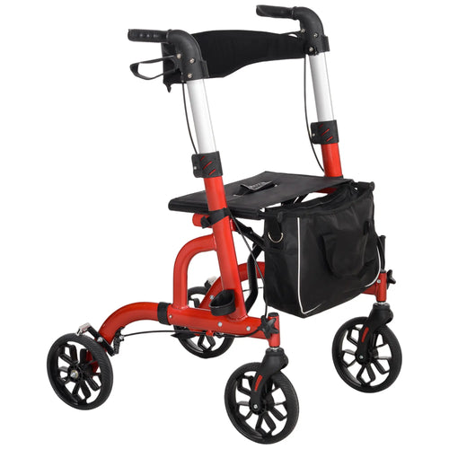 Rollator Walker, 8'' Wheels, Padded Seat, Backrest, Storage Bag, Red