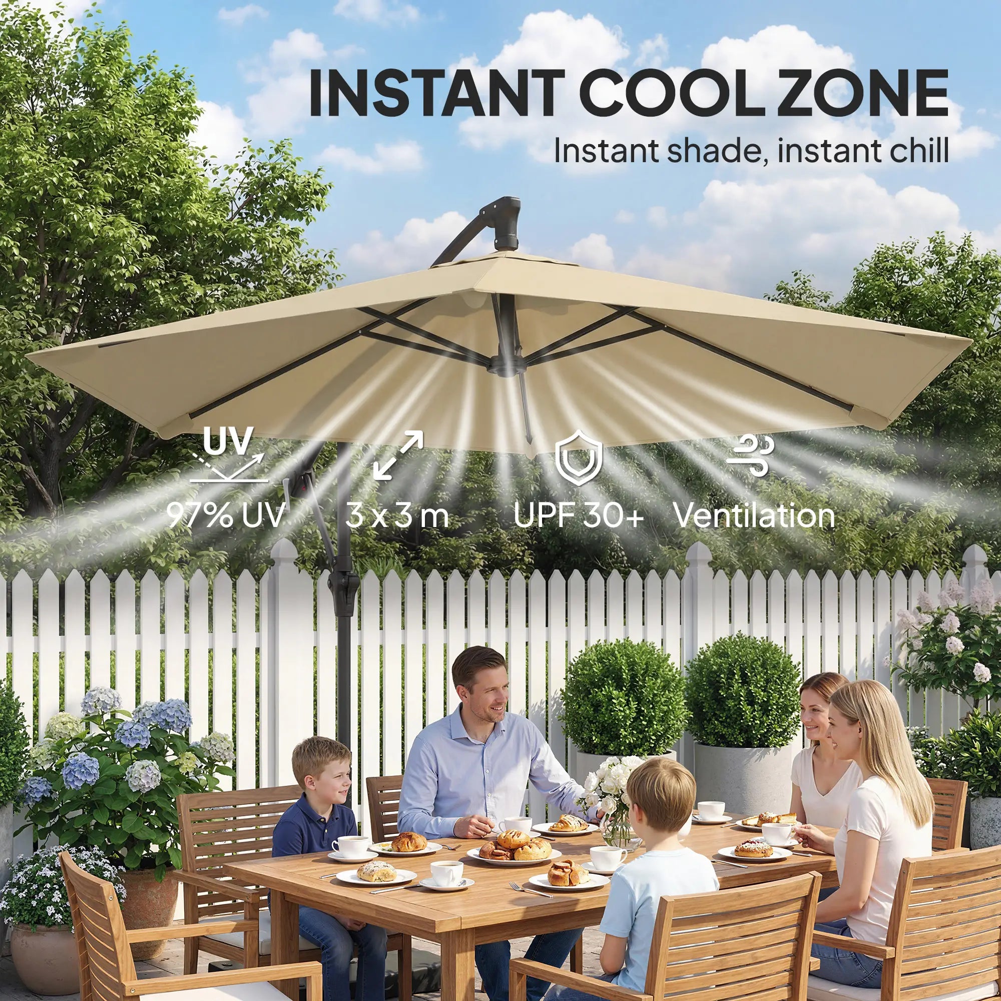 9.7 ft Offset Patio Umbrella, Water/Sand Fillable Weights, Khaki Offset Cantilever Umbrellas at Gallery Canada