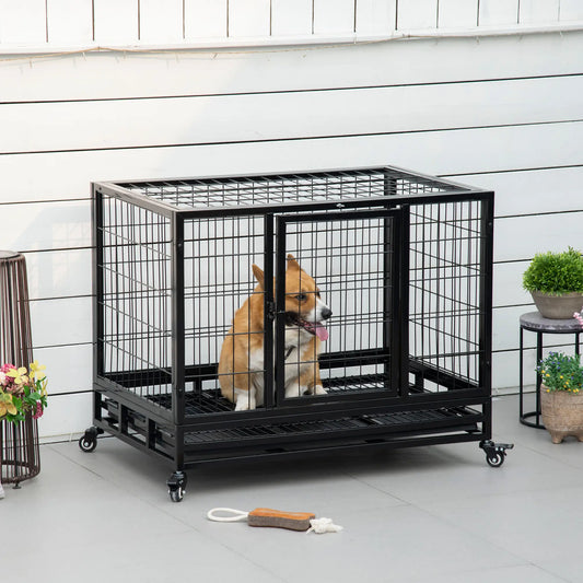 Heavy Duty Dog Crate, Two Doors, Lockable Wheels, Removable Tray, 36" x 24" x 27" Houses, Kennels & Pens Black at Gallery Canada