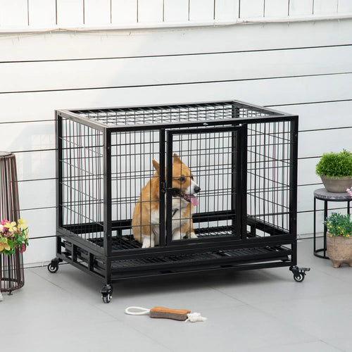 Heavy Duty Dog Crate, Two Doors, Lockable Wheels, Removable Tray, 36