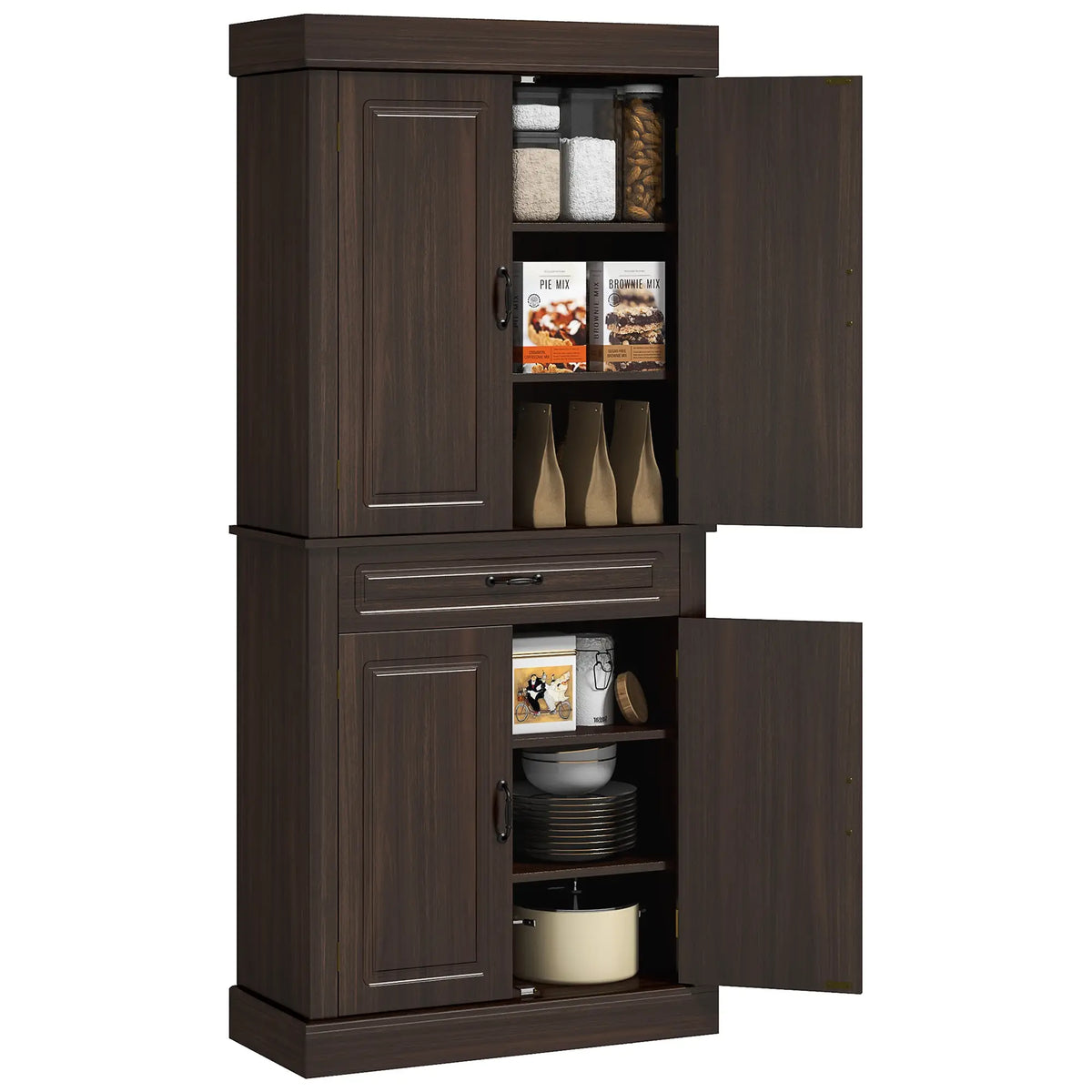 71" Freestanding Kitchen Pantry, 4 Doors 2 Cabinets, Distressed Coffee Kitchen Pantry Cabinets at Gallery Canada
