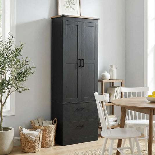 67" Tall Kitchen Pantry Cabinet With Doors, Drawers, Adjustable Shelves, Black Kitchen Pantry Cabinets Black at Gallery Canada