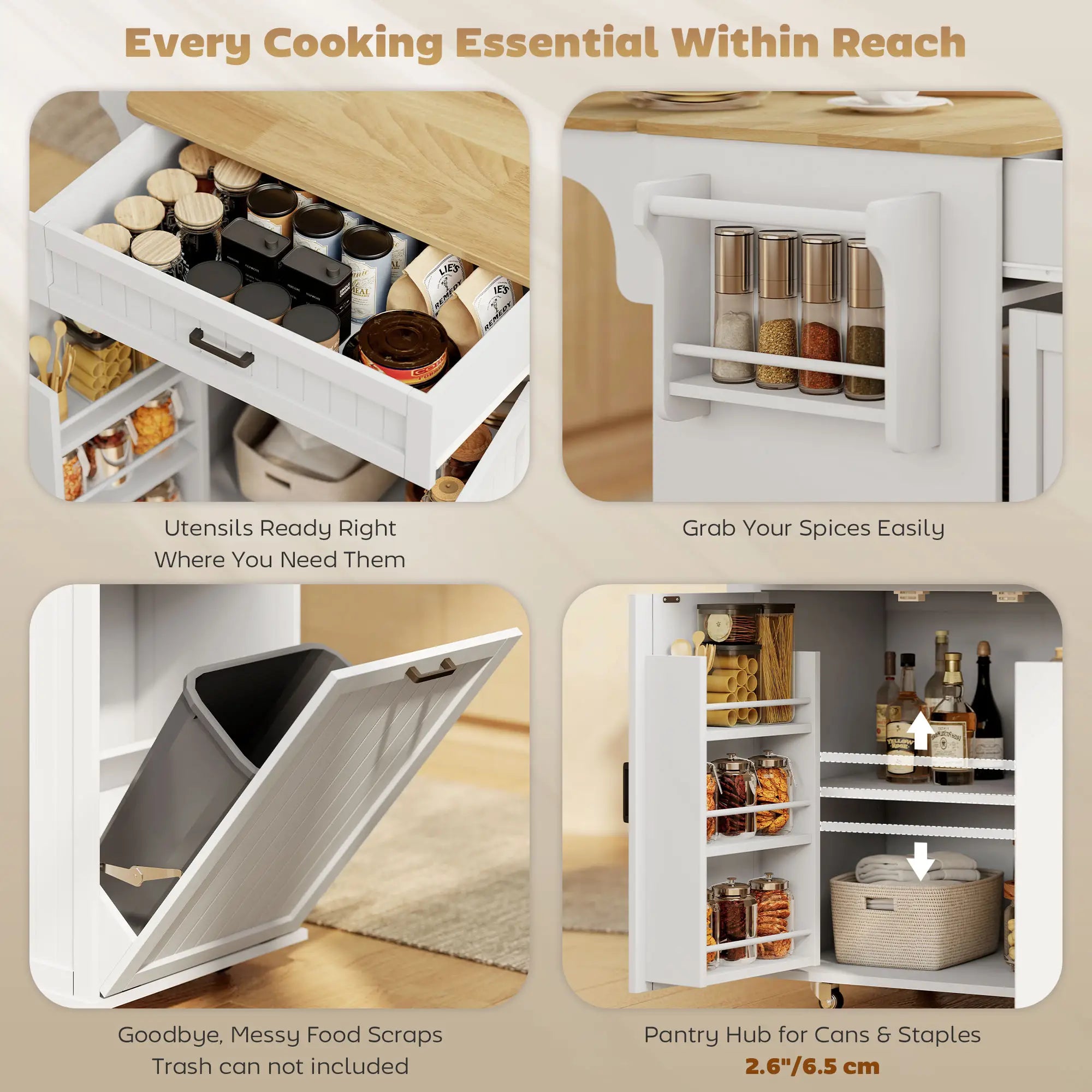 Portable Kitchen Island Cart, Rubber Wood Drop Leaf, Trash Storage, White Kitchen Islands & Kitchen Carts at Gallery Canada