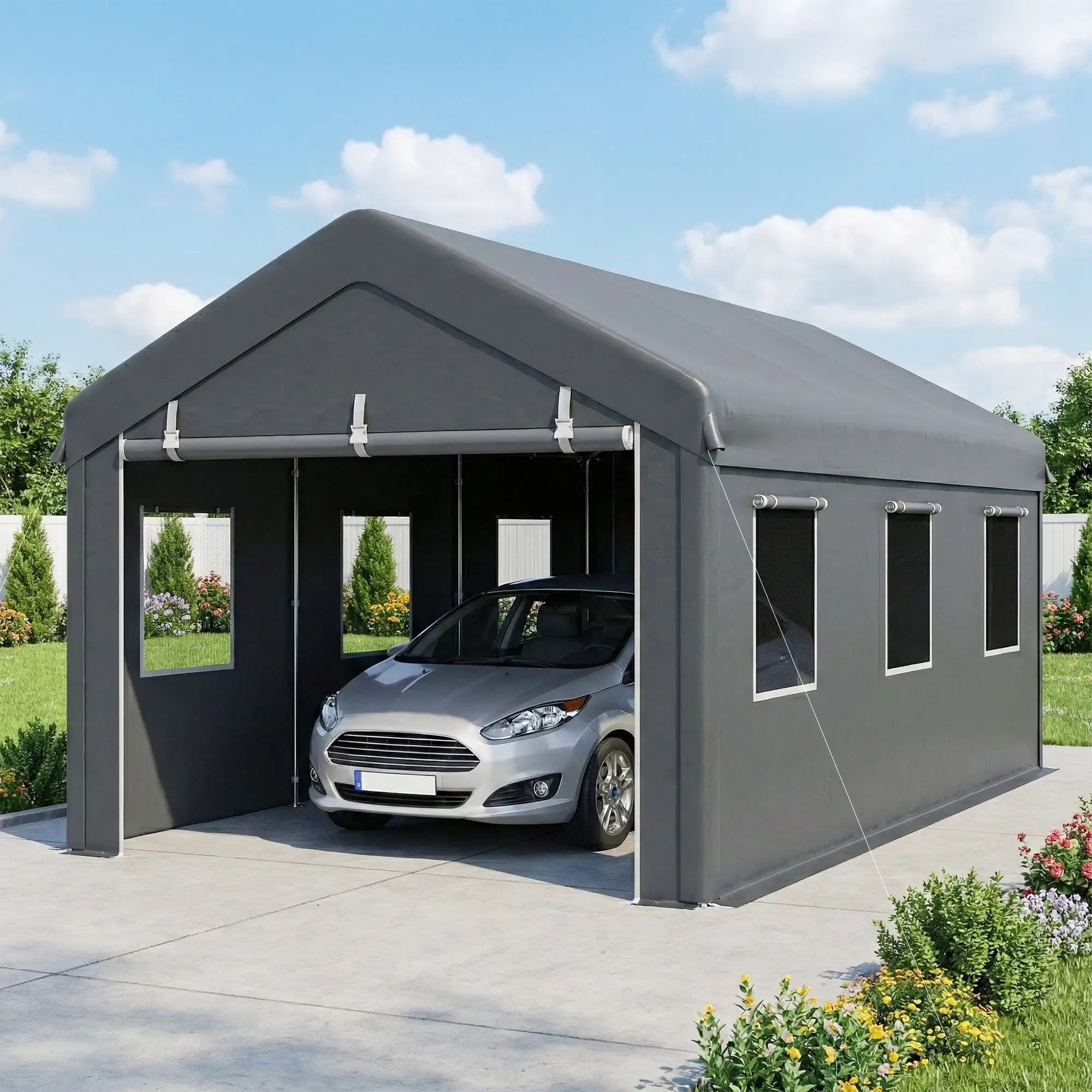 10' x 20' Heavy Duty Portable Garage, 6 Mesh Windows, 2 Doors, Dark Grey Car Shelters at Gallery Canada