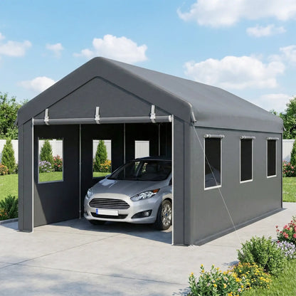 10' x 20' Heavy Duty Portable Garage, 6 Mesh Windows, 2 Doors, Dark Grey Car Shelters at Gallery Canada