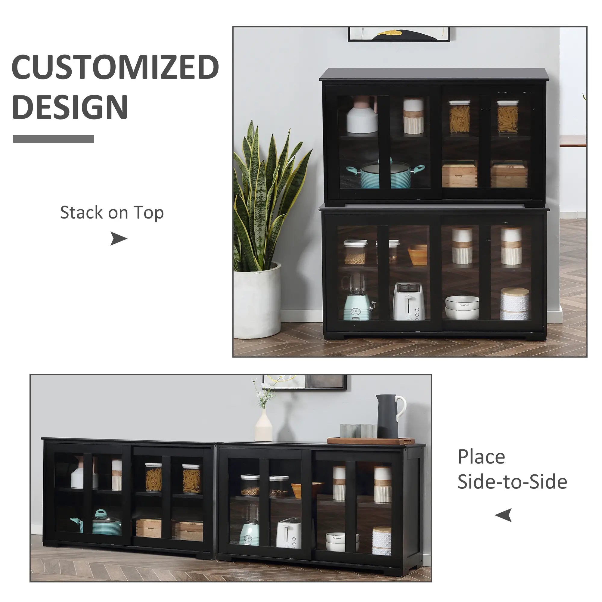 Modern Kitchen Sideboard, Stackable Storage Cabinet, Sliding Glass Door, Black Bar Cabinets at Gallery Canada