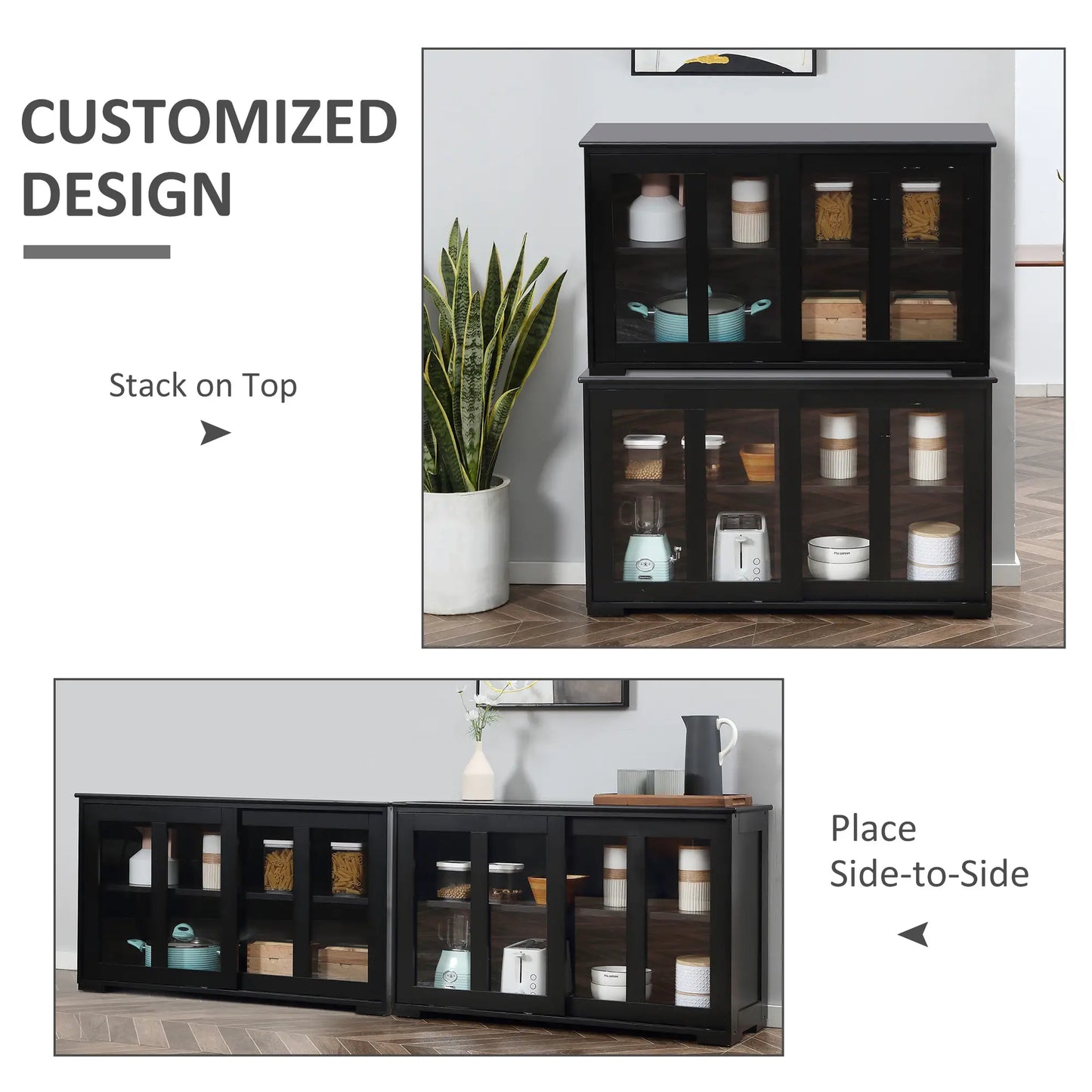 Modern Kitchen Sideboard, Stackable Storage Cabinet, Sliding Glass Door, Black Bar Cabinets at Gallery Canada