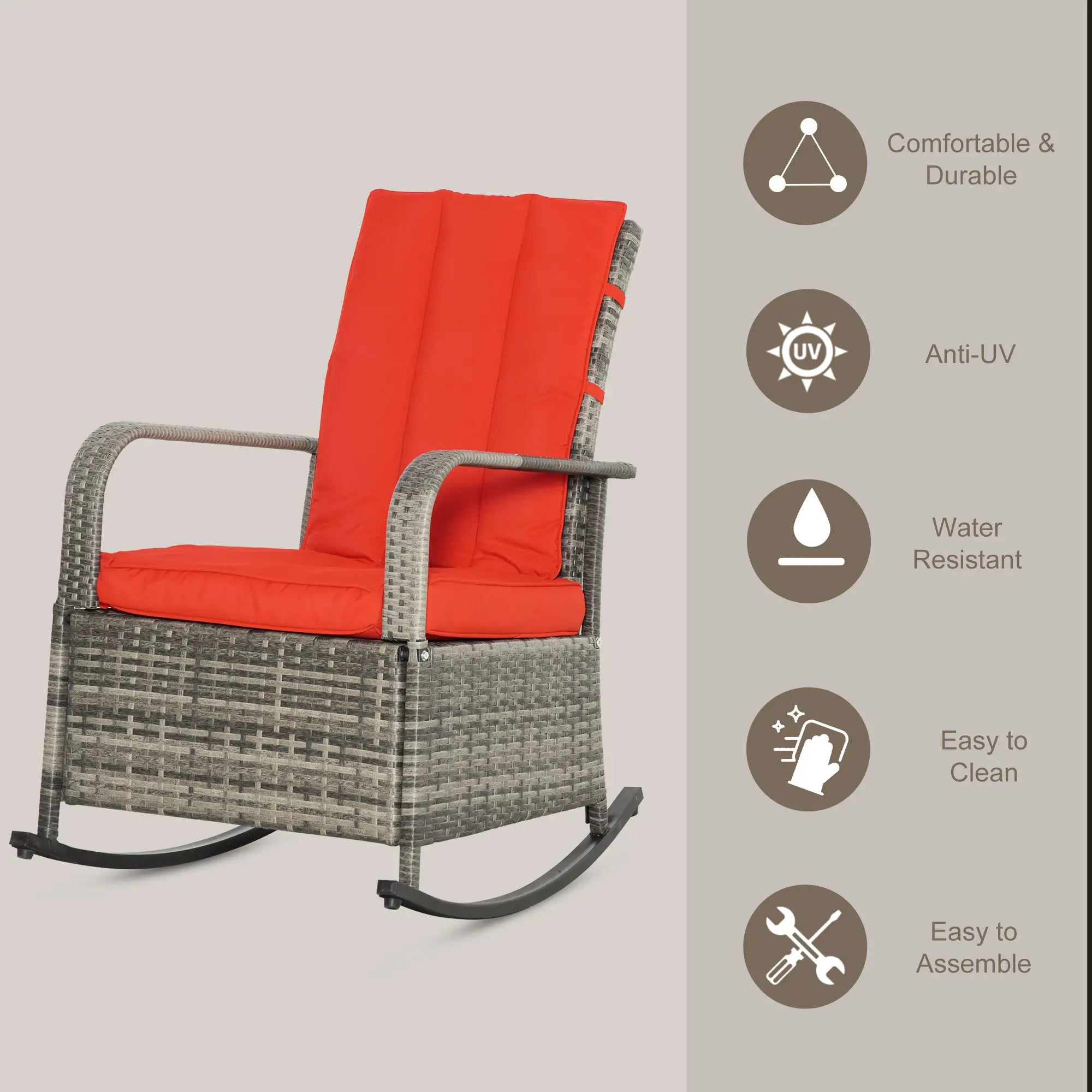 Outdoor Wicker Rocking Chair with Cushion, PE Rattan Recliner, Adjustable Footrest, Red Outdoor Rocking Chairs at Gallery Canada