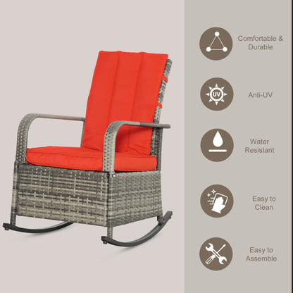 Outdoor Wicker Rocking Chair with Cushion, PE Rattan Recliner, Adjustable Footrest, Red Outdoor Rocking Chairs at Gallery Canada