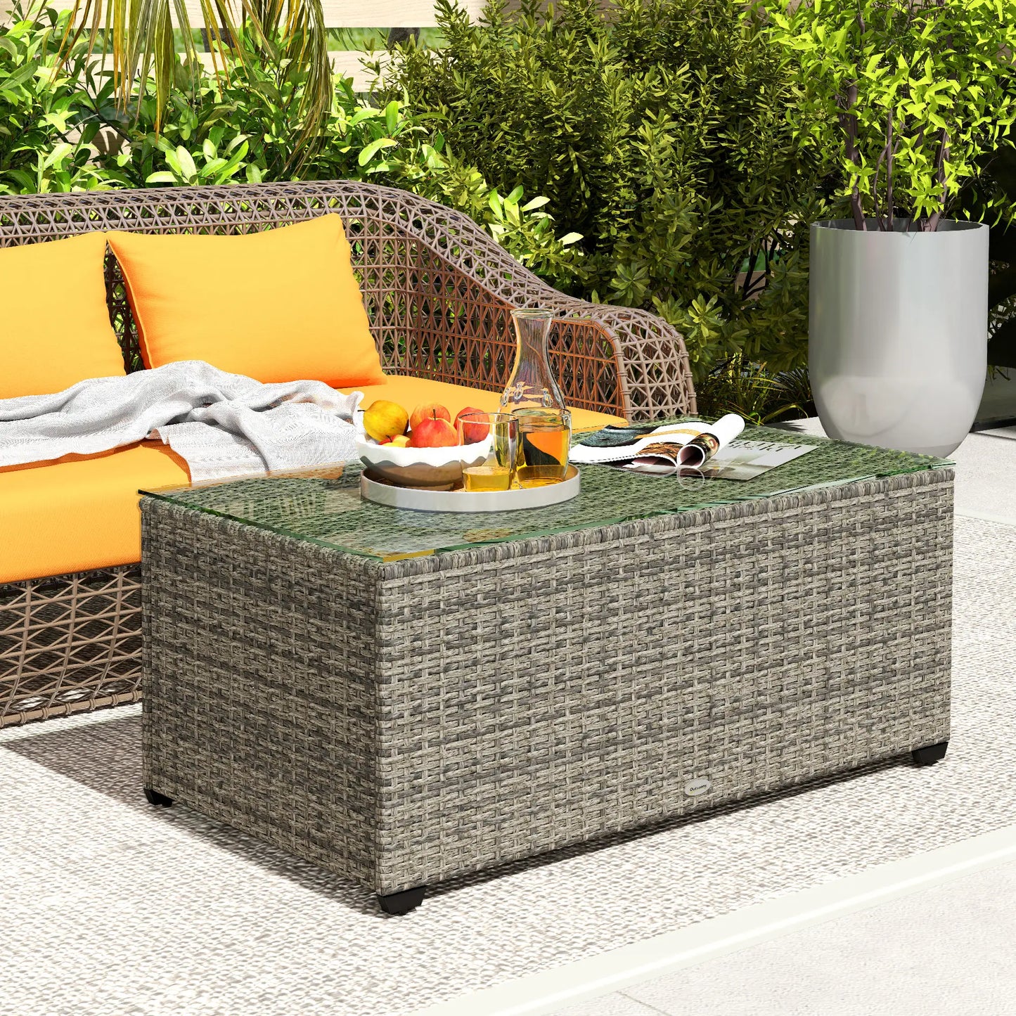 PE Wicker Outdoor Coffee Table, Rectangular Patio Table With Tempered Glass Top, Dark Grey Patio Side Tables at Gallery Canada