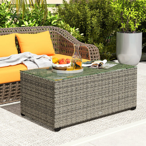 PE Wicker Outdoor Coffee Table, Rectangular Patio Table With Tempered Glass Top, Dark Grey