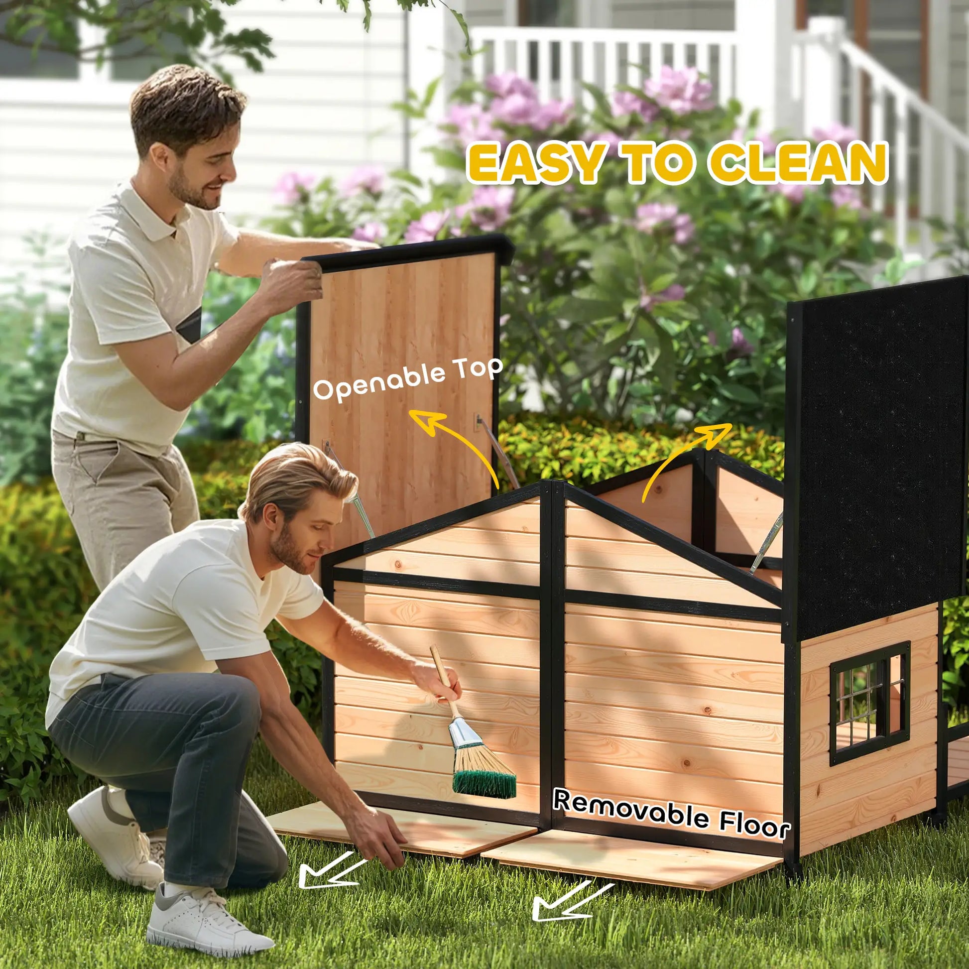 59"x64"x39" Wood Dog House, Outdoor Cabin-Style, Elevated Pet Shelter, Beige Houses, Kennels & Pens at Gallery Canada