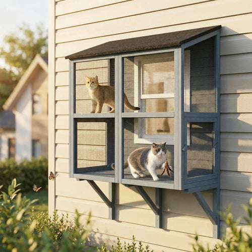 Outdoor Cat Enclosure, Wall-Mounted 2-Level, Waterproof Roof, 39.4