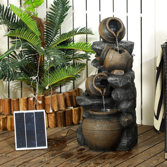 28.3" Solar Water Fountain, 4-Tier Resin Cascading Jars with LED Lights Water Fountains Dark Grey, Brown at Gallery Canada
