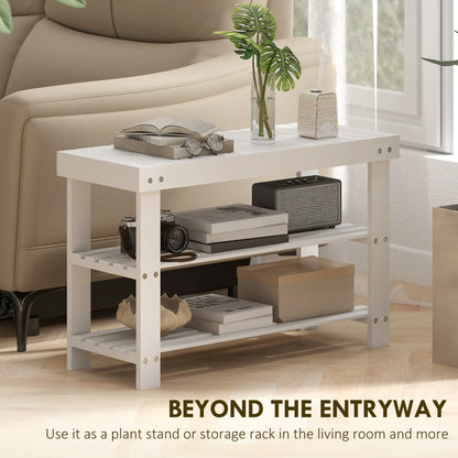 Bamboo Shoe Storage Bench, 3-Tier, 2 Shelves, Holds 6 Pairs, White