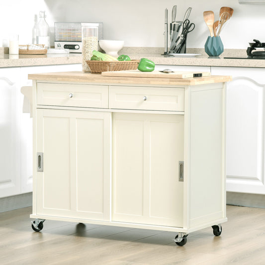 Rolling Kitchen Island, Kitchen Cart on Wheels with Rubberwood Top, 2 Drawers, Towel Rack, Cream White - Gallery Canada