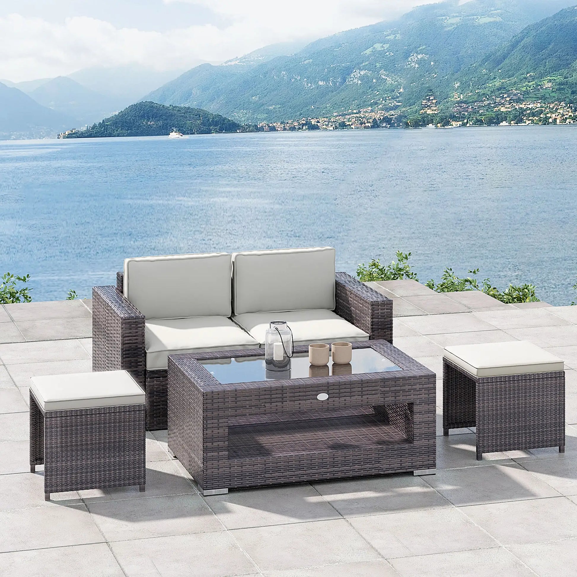 2-Tier Rattan Patio Coffee Table, PE Wicker, Tempered Glass Top, Storage Coffee Tables at Gallery Canada