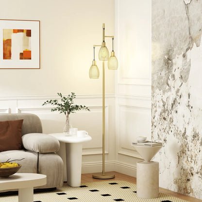 Industrial Floor Lamp, 3 Hanging Wire Lampshades, Dimmable, Gold Floor Lamps & Ceiling Fan Lights at Gallery Canada