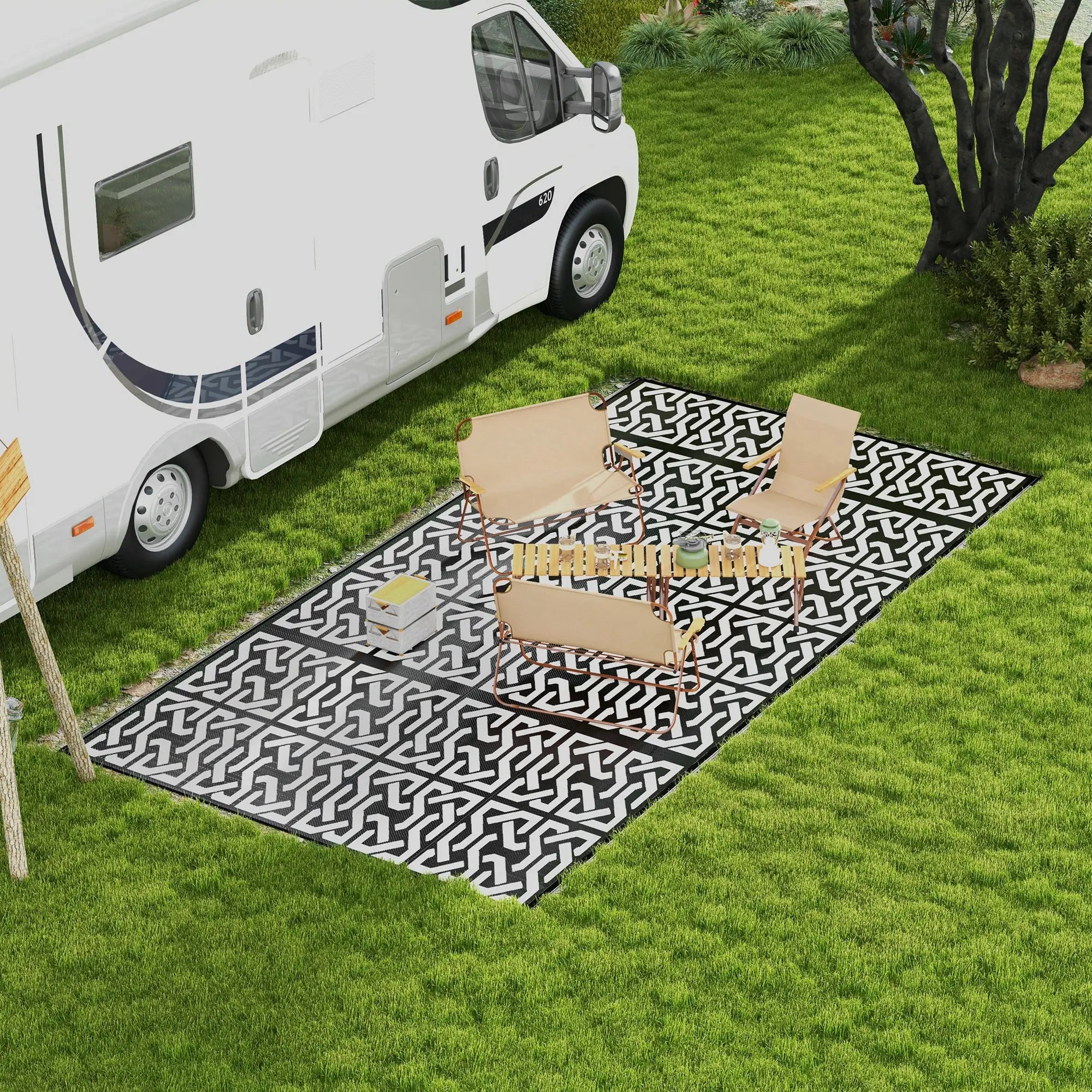 Reversible Outdoor Rug, Waterproof, 9' x 18', Chain, Black and White Outdoor Reversible Rugs at Gallery Canada