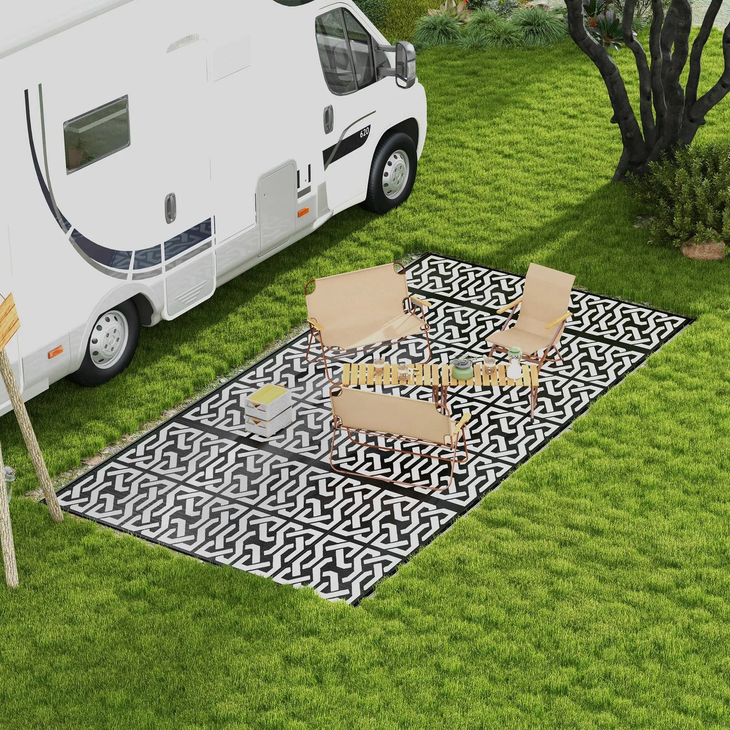 Reversible Outdoor Rug, Waterproof, 9' x 18', Chain, Black and White Outdoor Reversible Rugs at Gallery Canada