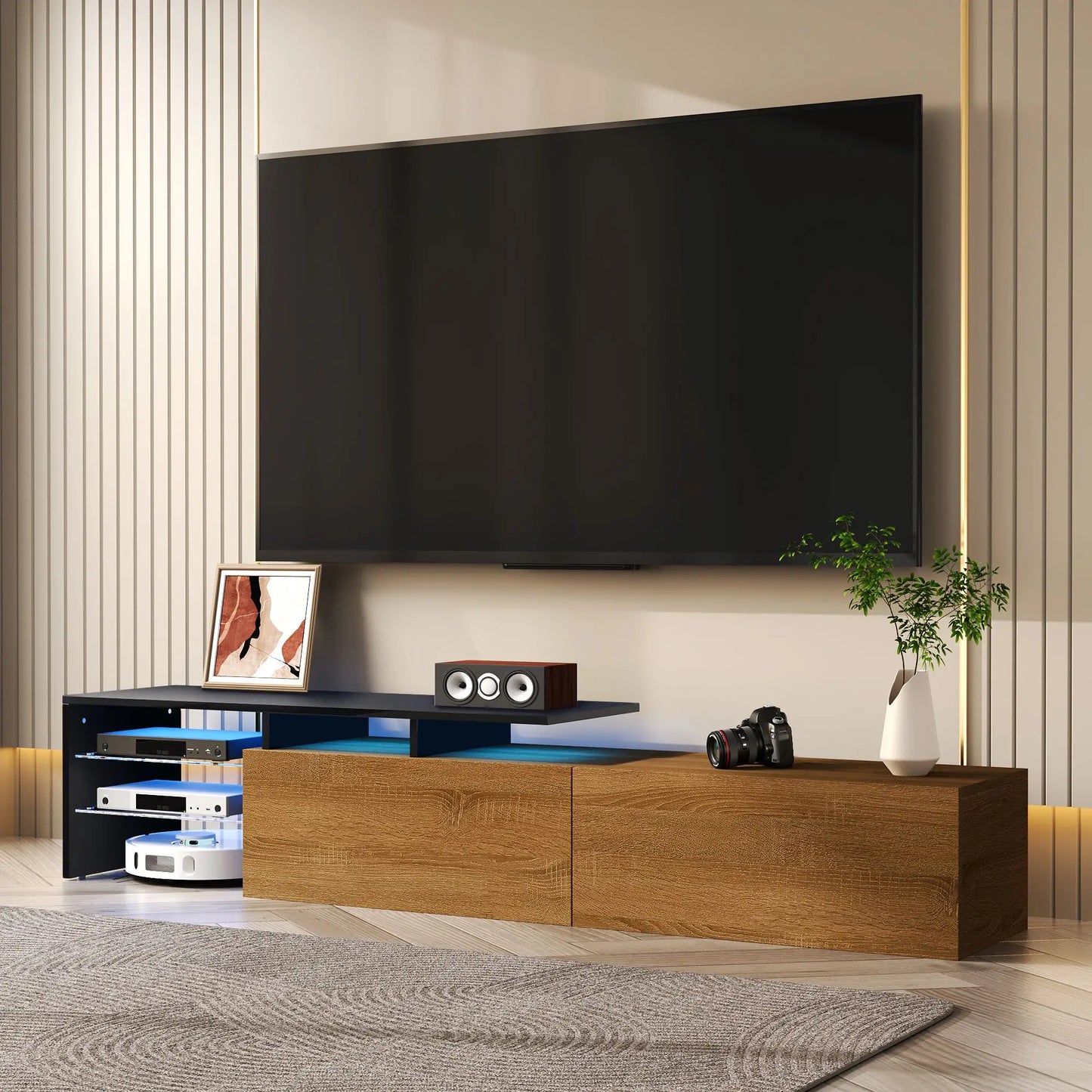 TV Stand With Glass Shelves, LED Lighting, 67" L x 13" W x 13" H, Natural, Black TV Stands at Gallery Canada