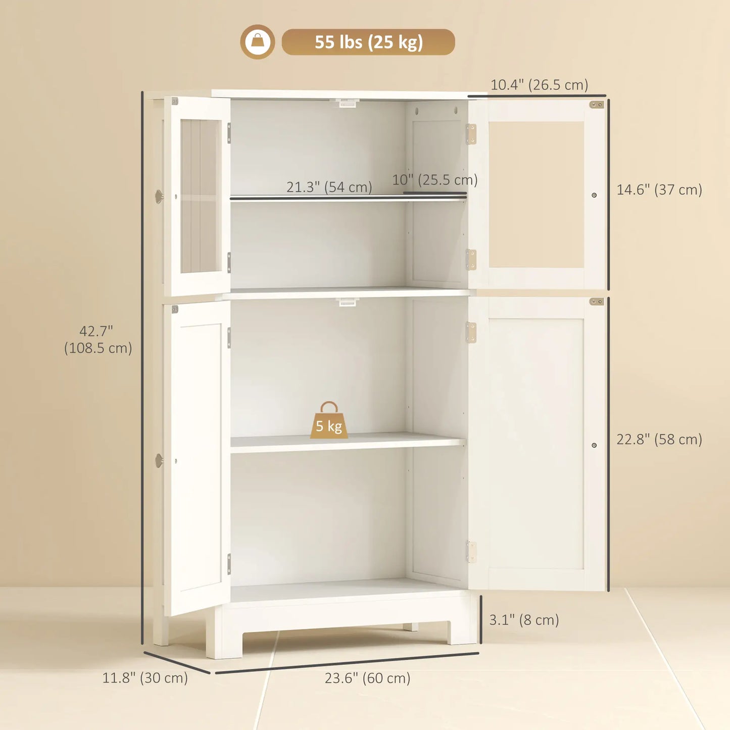 Bathroom Floor Storage Cabinet, Tempered Glass Doors, Adjustable Shelf, White Bathroom Cabinets at Gallery Canada