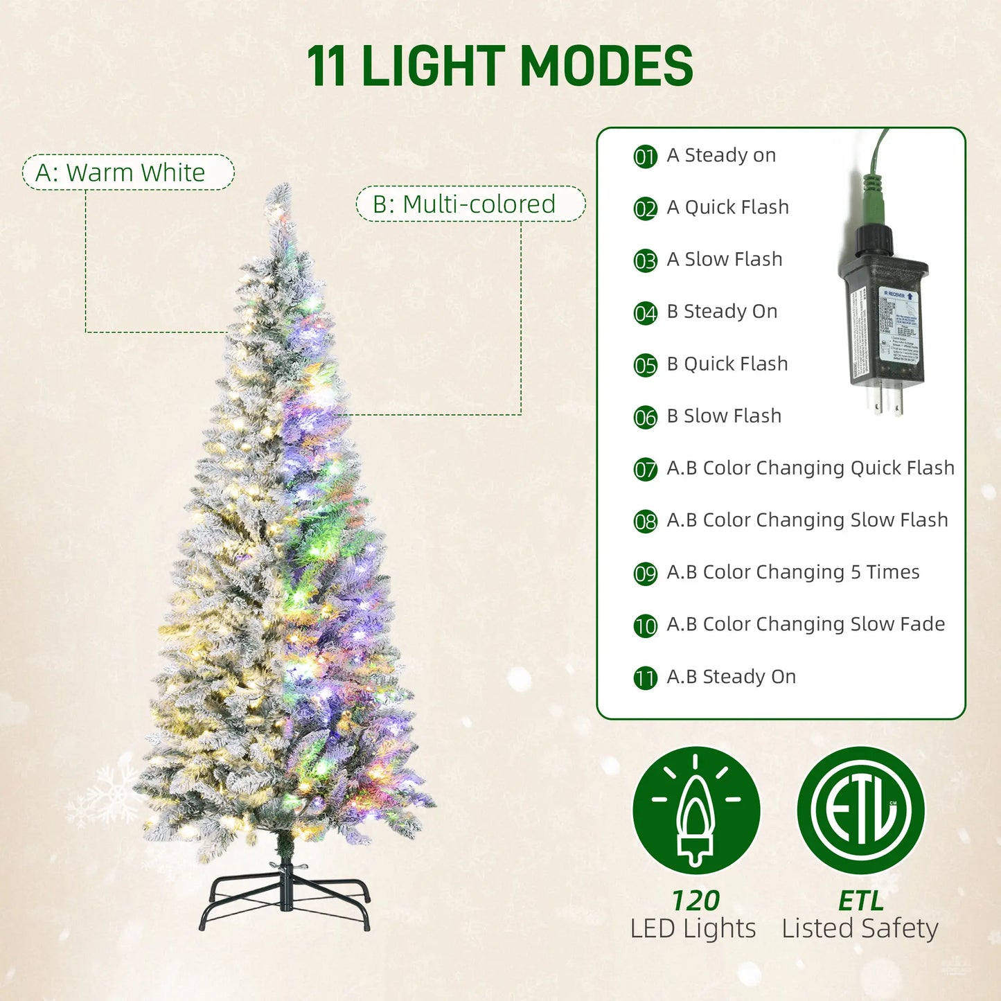 5ft Flocked Christmas Tree, Dual Color LED Light, 11 Modes, Easy Assembly, Color Flocked Christmas Trees at Gallery Canada