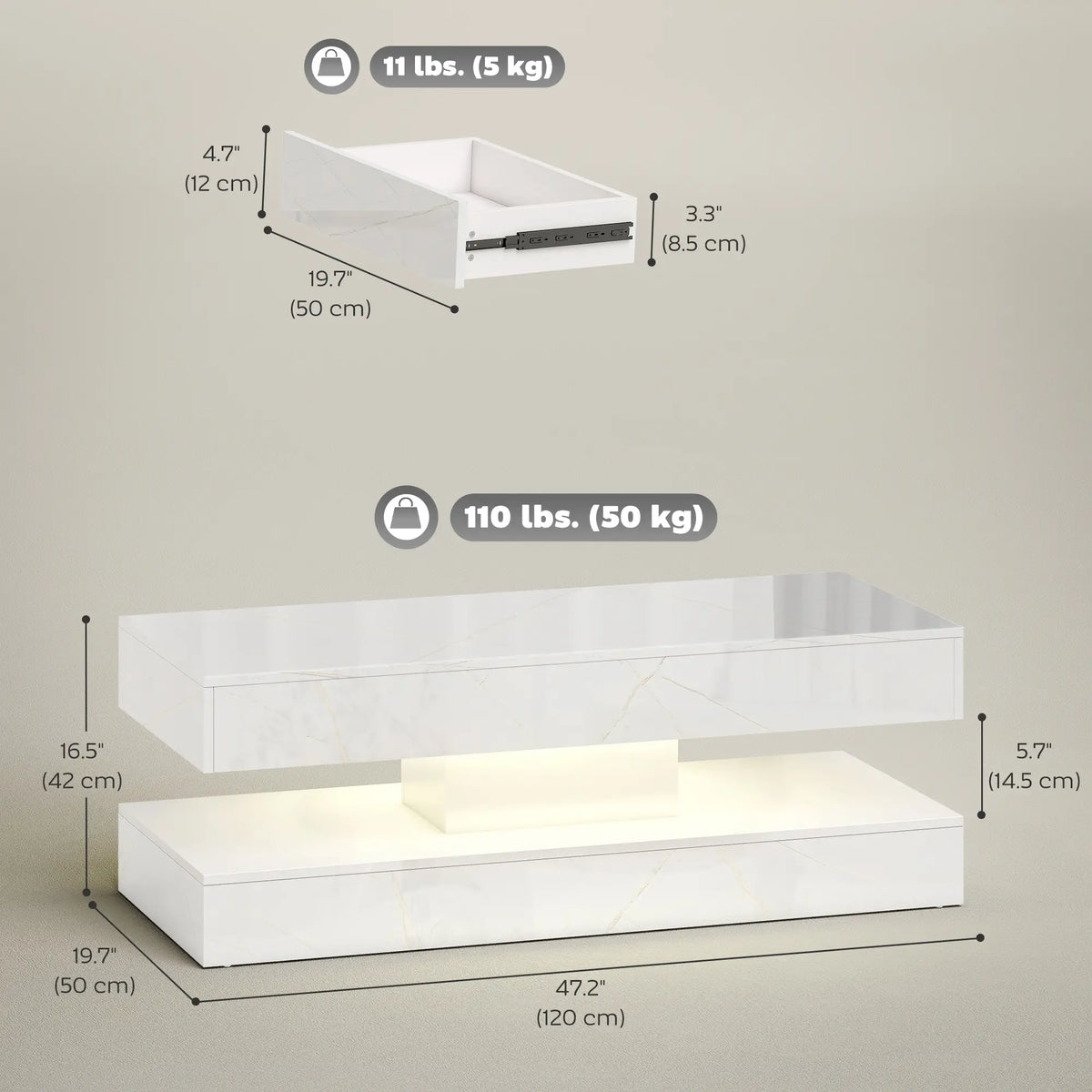 Adjustable LED Coffee Table, 2 Drawers, Open Shelf, Remote, White Coffee Tables at Gallery Canada