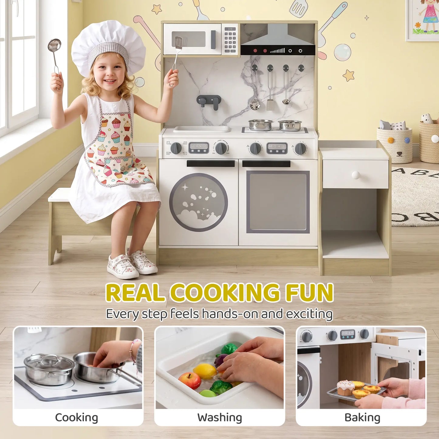 2-In-1 Kids Kitchen Playset, Table & Chair with Sink, Oven, Microwave, 3-8