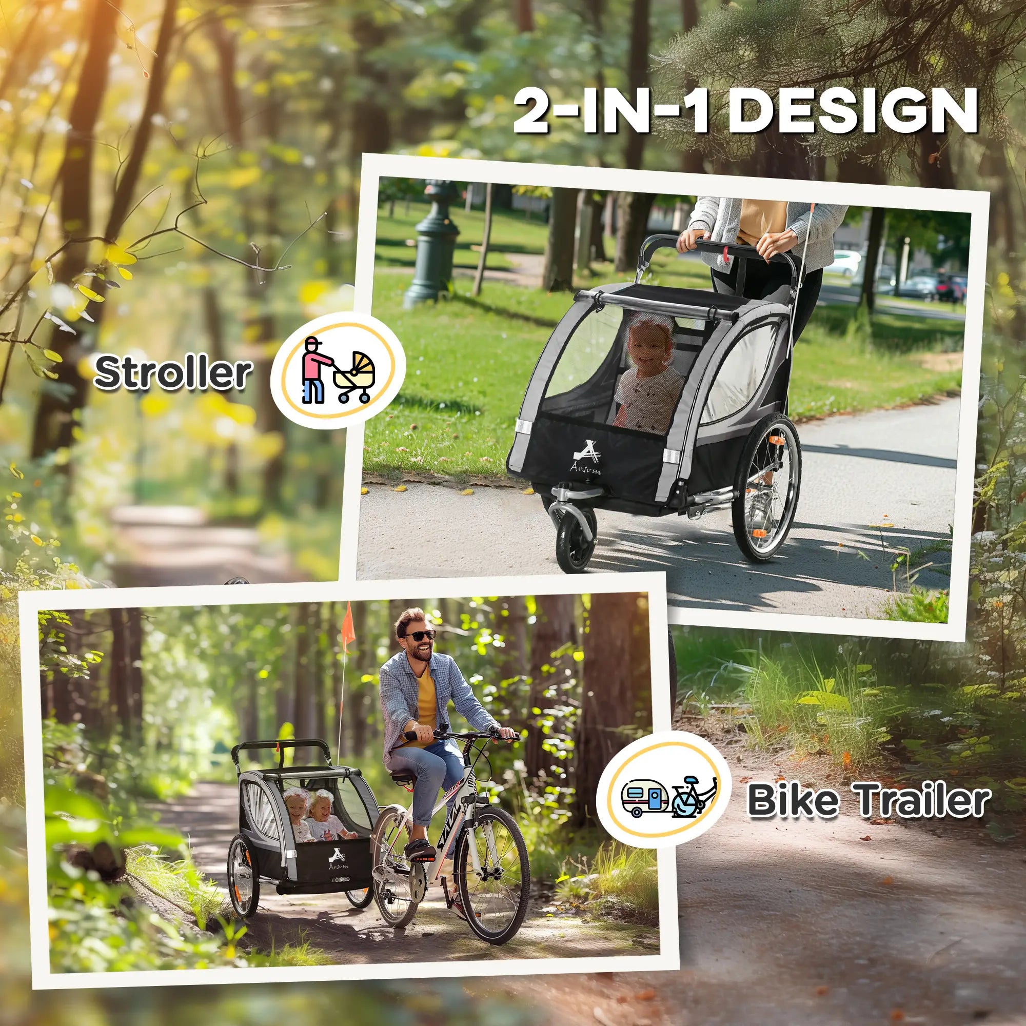 2 Seat Bike Trailer, 2-in-1 Baby Stroller, Handbrake, Rubber Wheels, Grey Kids Bike Trailers at Gallery Canada