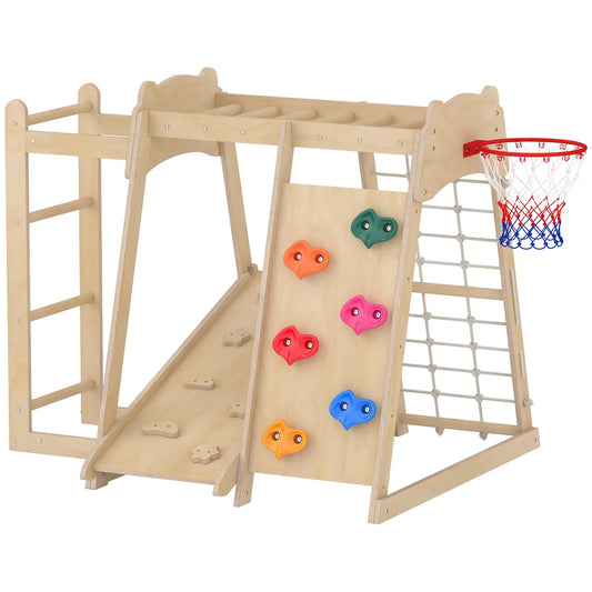 7-in-1 Kids Montessori Jungle Gym, Slide, Hoop, Bars, Wall, Net, Ladder Gym Sets & Swings Natural Wood at Gallery Canada