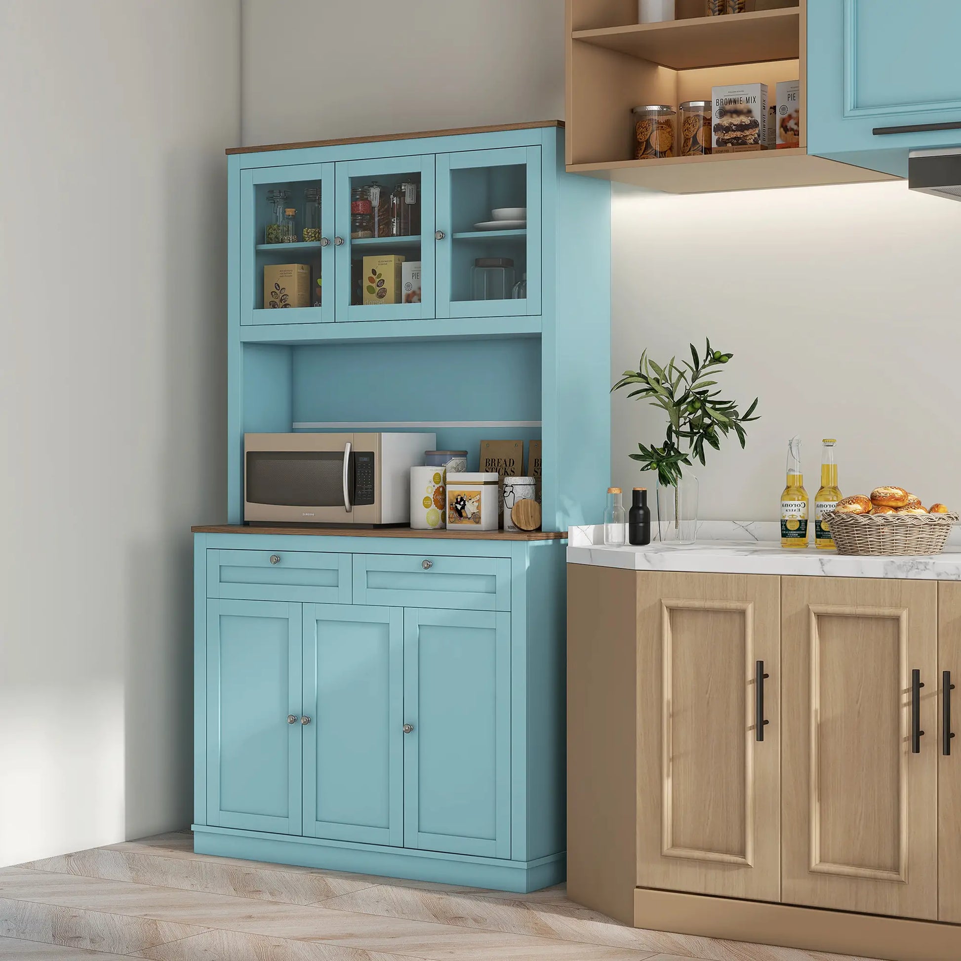 71" Pantry Cabinet with Microwave Space, Buffet Hutch, 2 Drawers, Adjustable Shelves, Glass Doors, Blue Kitchen Pantry Cabinets at Gallery Canada