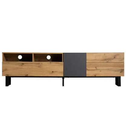 TV Stand, U-Shaped Metal Legs, 3 Doors, 2 Compartments, 67" L x 14" W x 16.5" H, Black+Natural TV Stands Black, Natural at Gallery Canada