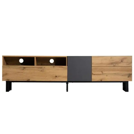 TV Stand, U-Shaped Metal Legs, 3 Doors, 2 Compartments, 67" L x 14" W x 16.5" H, Black+Natural TV Stands Black, Natural at Gallery Canada