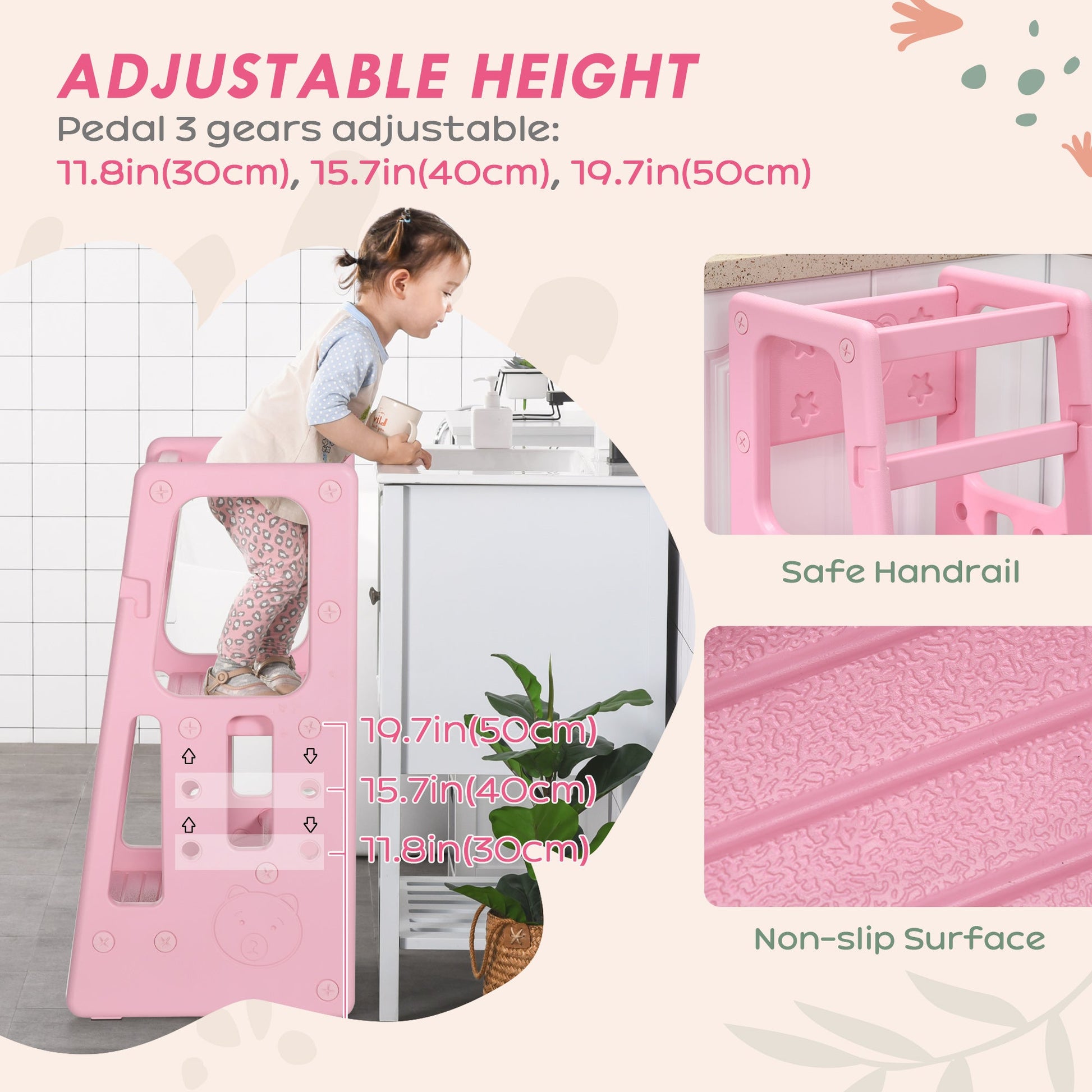 Toddler Kitchen Helper 2 Step Stool with Adjustable Height Platform and Safety Rail, Pink at Gallery Canada