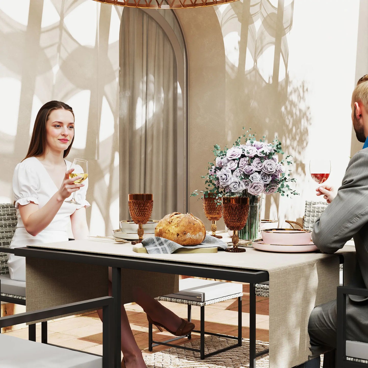 9-Piece Wicker Patio Dining Set, 4 Armchairs, 4 Stools, Tempered Glass Top, Light Grey Outdoor Dining Sets at Gallery Canada