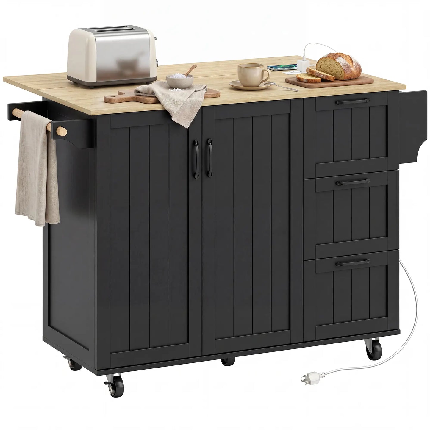 Kitchen Island with Drop Leaf, Rolling Cart, Power Outlet, Black Kitchen Islands & Kitchen Carts Black, Oak Wood Grain at Gallery Canada