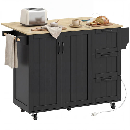 Kitchen Island with Drop Leaf, Rolling Cart, Power Outlet, Black