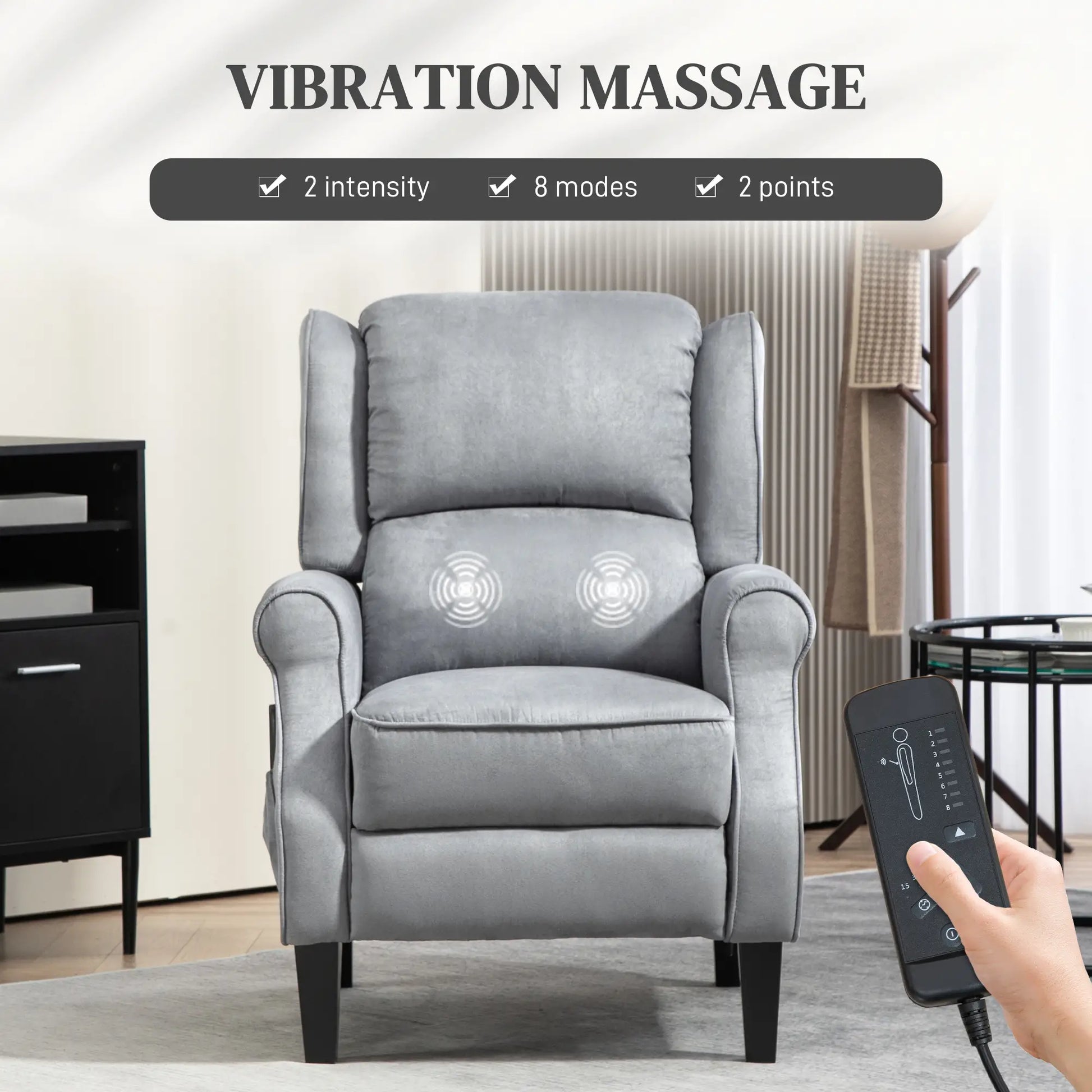 Push Back Recliner Chair, Vibration Massage, Extendable Footrest, Remote, Pocket, Grey Single Sofas at Gallery Canada